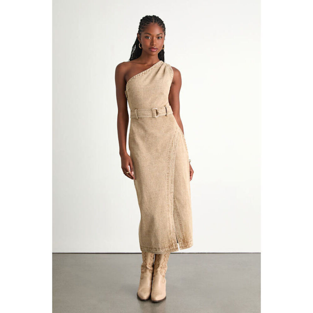 Lulus Avelina Washed Tan Denim One-shoulder Belted Midi Dress Beige - Size M